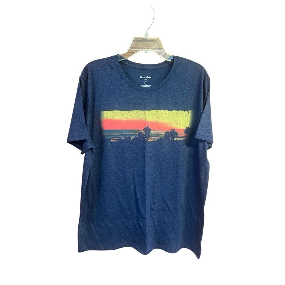 Goodfellow & Co Navy Short Sleeve Tee with Yellow and Red Sunset Graphic